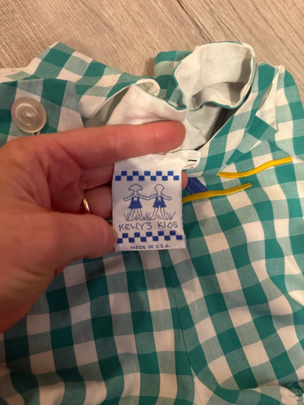 Kelly's Kids Green Gingham Baby Romper with Frog & Sun Applique